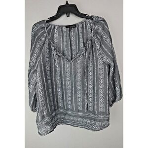 FRED DAVID WOMEN'S‎ LARGE PLUS BLOUSE 3/4 SLEEVE BOHO TIE NECK GRAY POLY RAYON